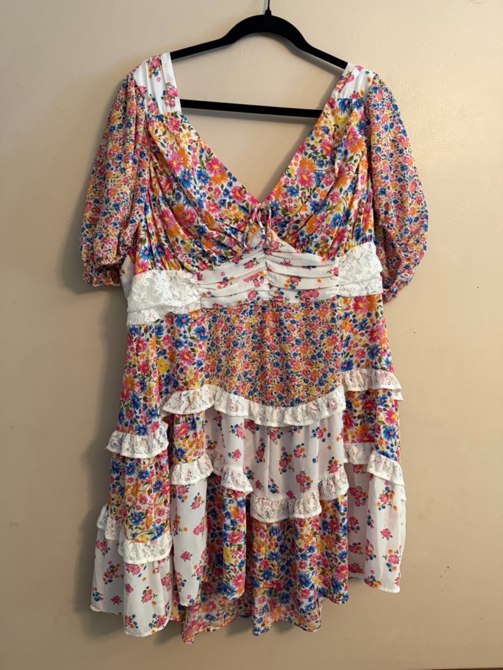ARULA Ivory Floral Tiered Dress with Pink, Blue & Yellow Blooms